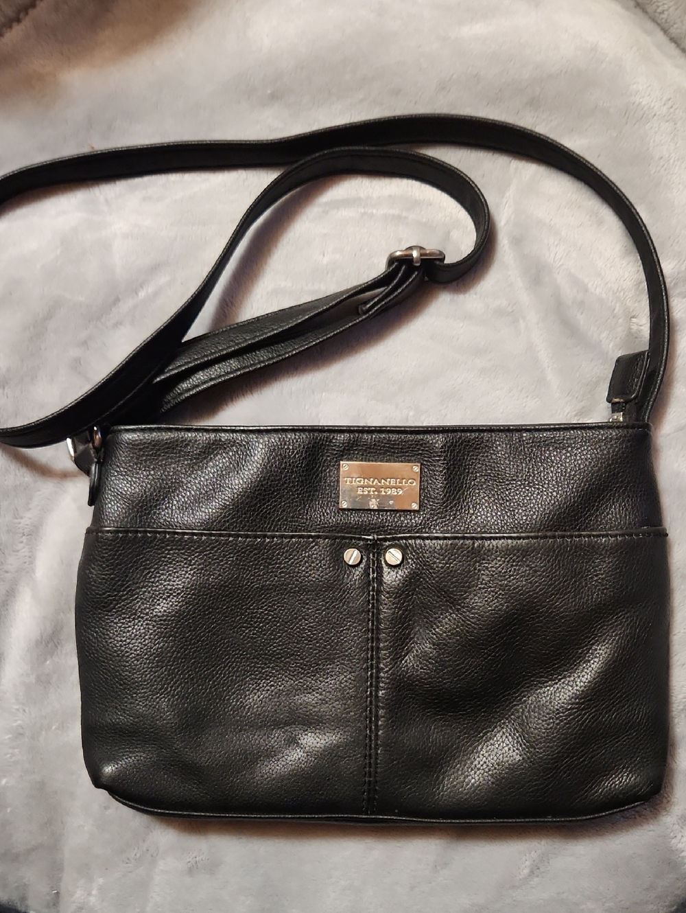 Tignanello Black Leather Shoulder Bag with Gold Plate(call Outs Pictured)